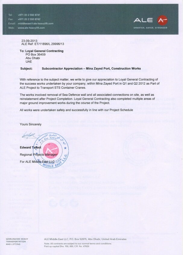 Letter of appreciation from ALE Middle East